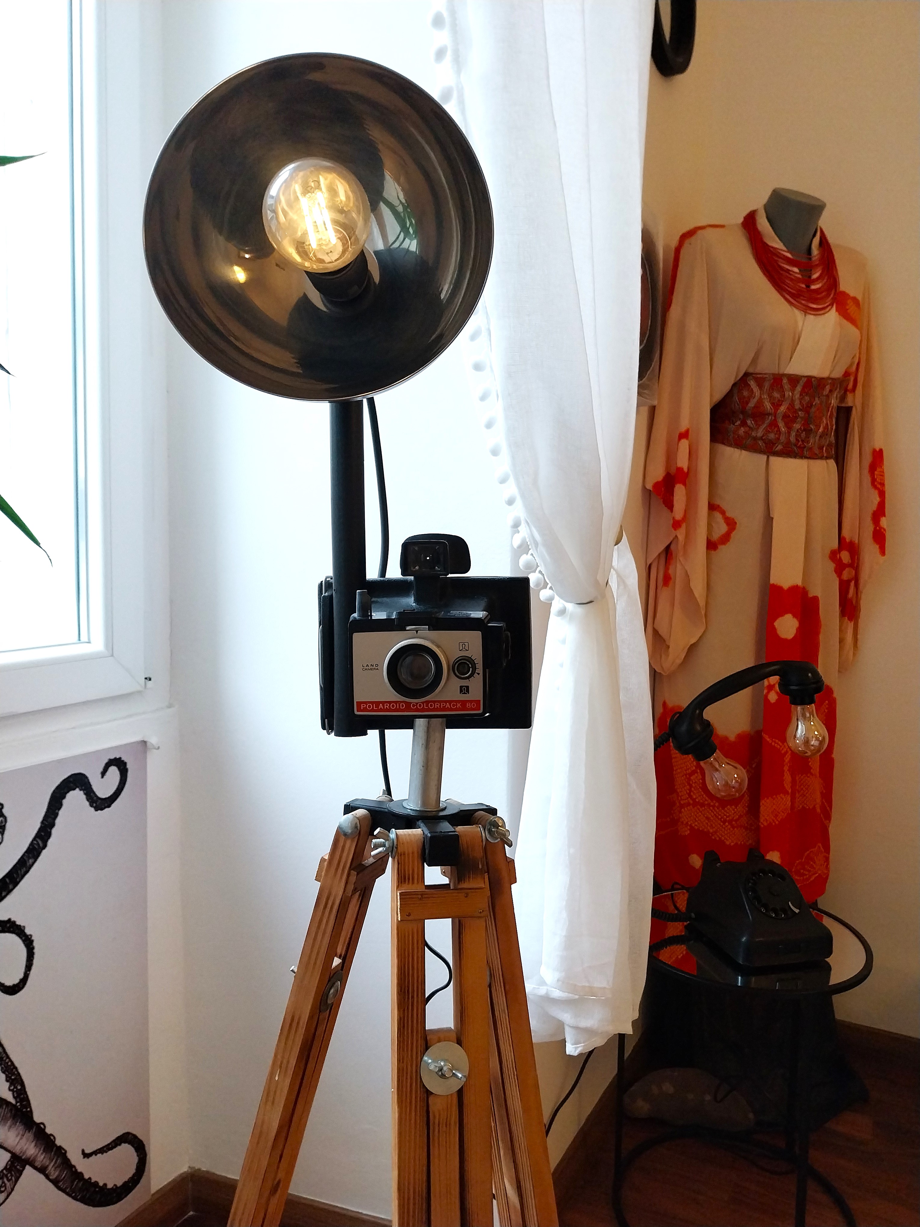 Vintage Photo Camera on Tripod Floor Lamp With a Dimmer Switch