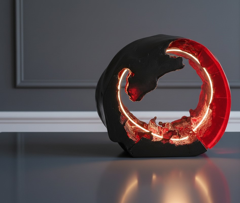 Red Moon Table Lamp-Burnt Wood & Epoxy