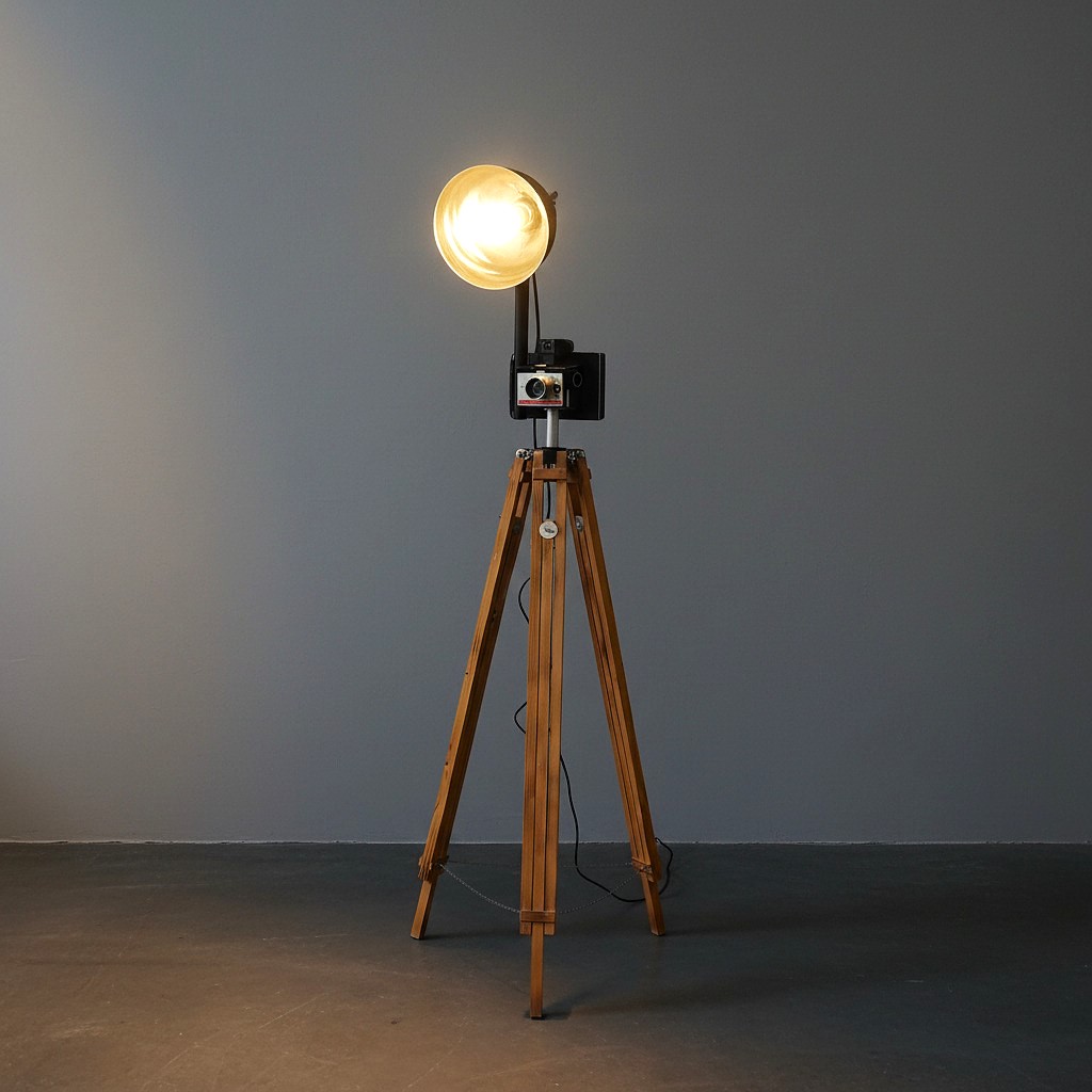 Vintage Photo Camera on Tripod Floor Lamp With a Dimmer Switch